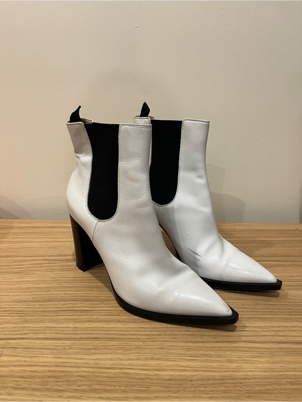 White Leather Pointed-Toe Chelsea Block Heel Boots